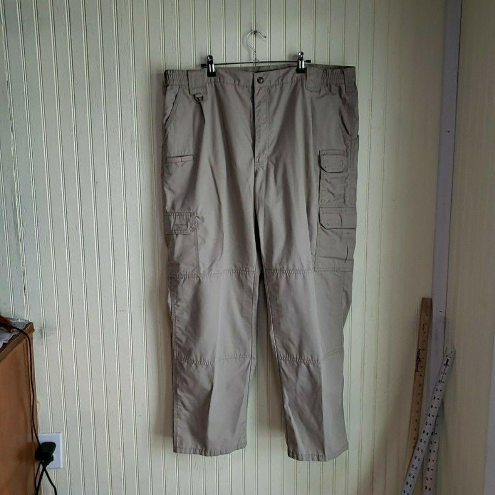 5.11 Tactical Cargo Pants Mens 44x32 Beige Ripstop Elastic Waist Workwear Casual